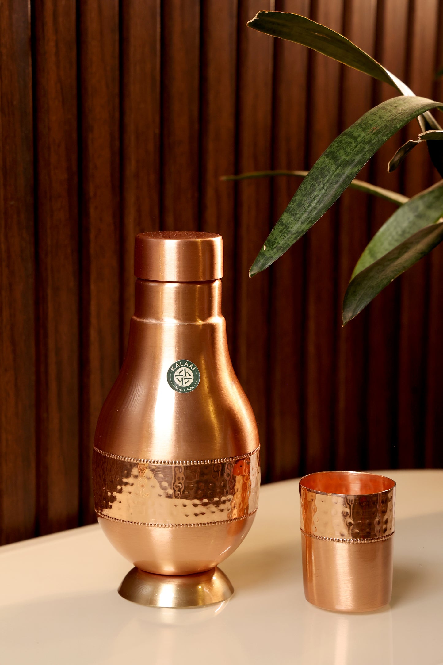 Ayura- Pure Copper Bedside Bottle Hammered Design with Inbuilt Glass Water Storage Purpose