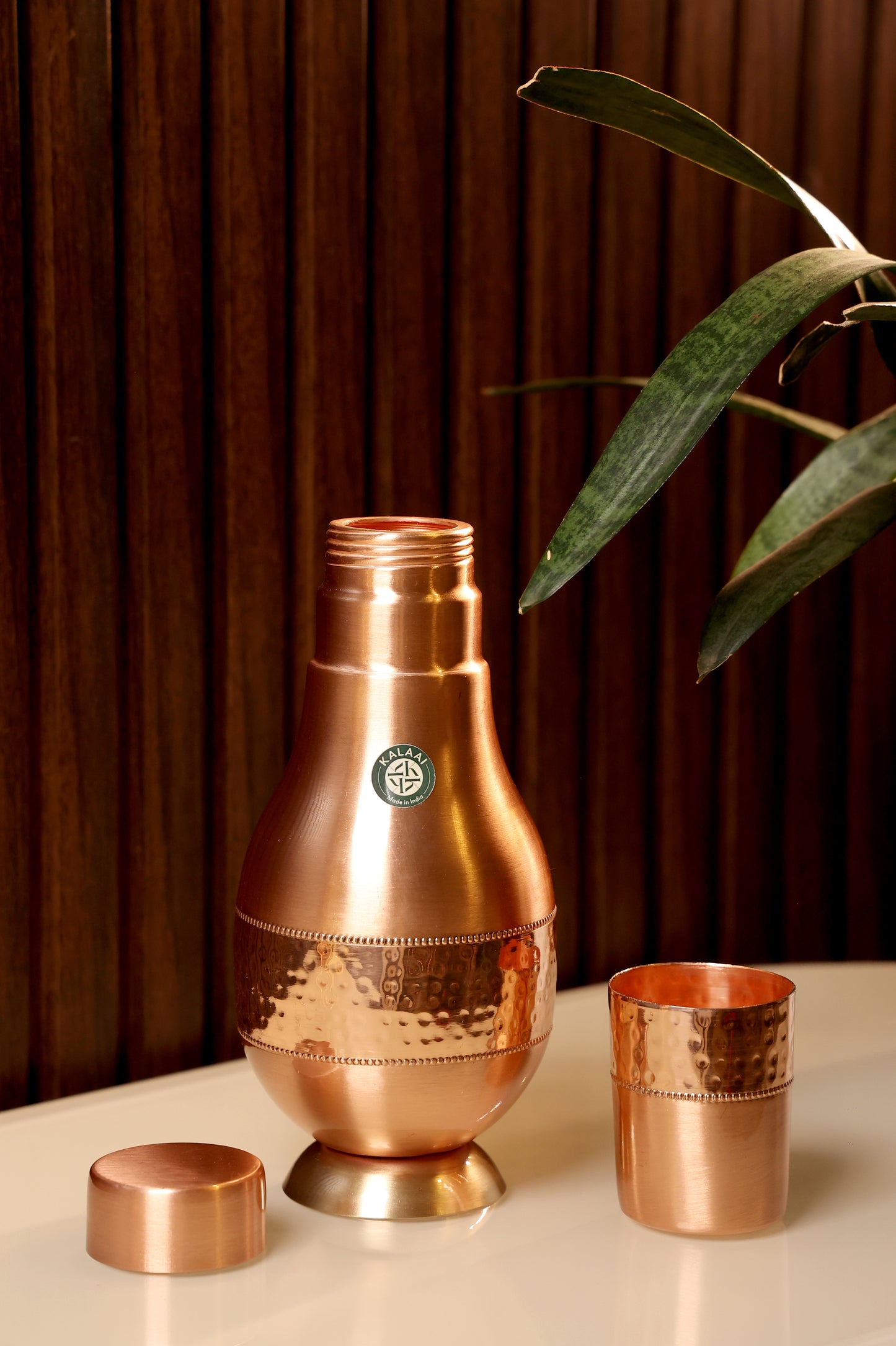 Ayura- Pure Copper Bedside Bottle Hammered Design with Inbuilt Glass Water Storage Purpose