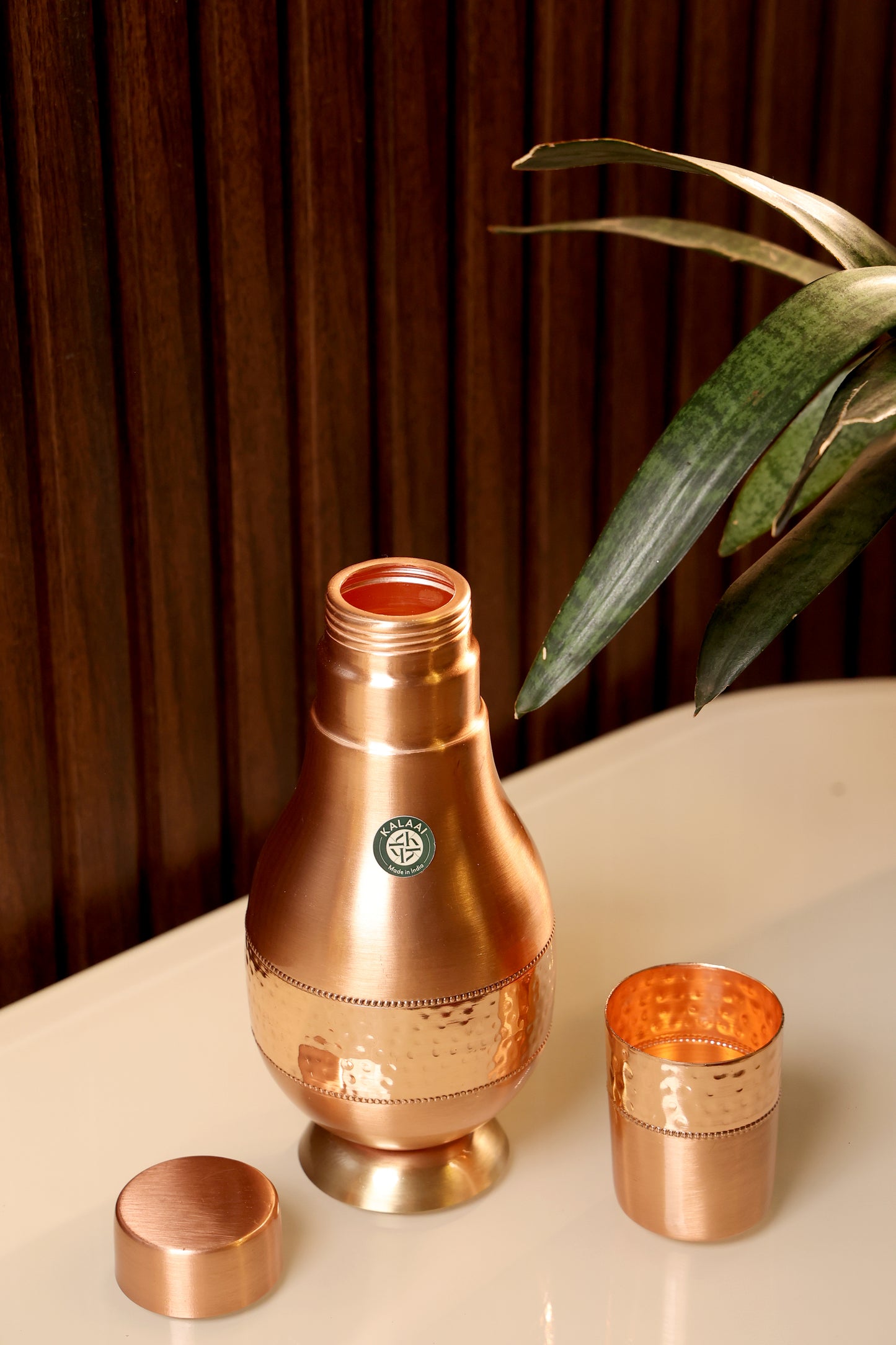 Ayura- Pure Copper Bedside Bottle Hammered Design with Inbuilt Glass Water Storage Purpose